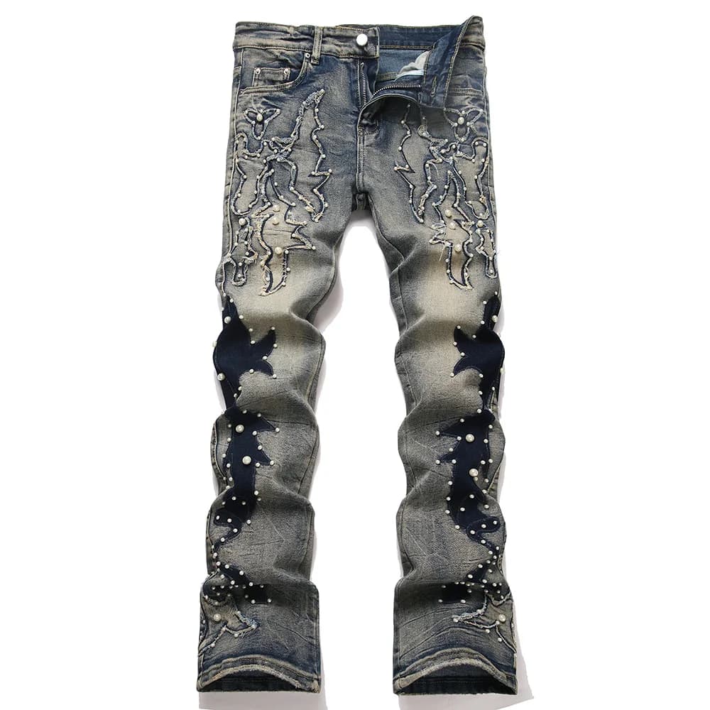 Men's Pearl Boot Cut Denim Jeans Embroidery Patch Slim Flared Pants Casual Streetwear Vintage Blue Trousers
