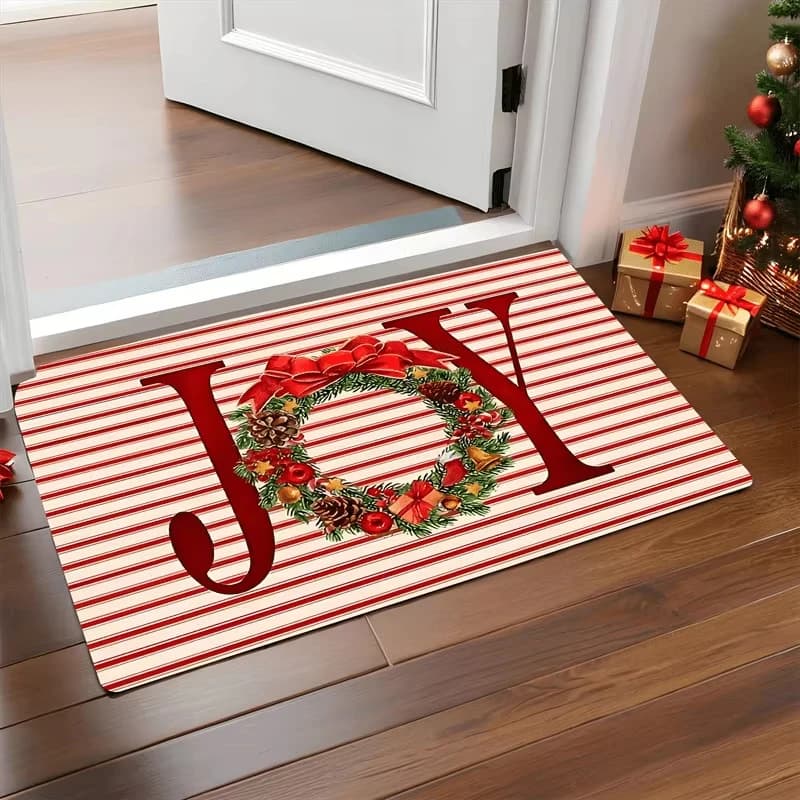 Festive JOY Christmas Door Mat Wreath Stripe Faux 3D Printed Non Slip Rug Indoor Front Door Entryway Holiday Home Decor Carpet