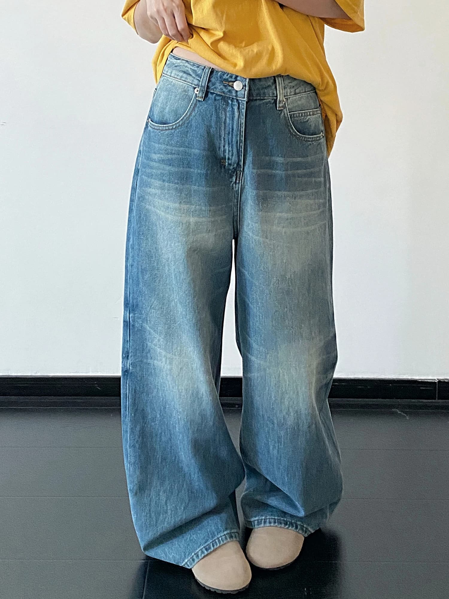 Jeans a Vita Media e Gamba Larga Sunyeo, Pantaloni Casual da Donna a Gamba Dritta, Design Primaverile ed Estivo, Jeans dal Taglio Comodo