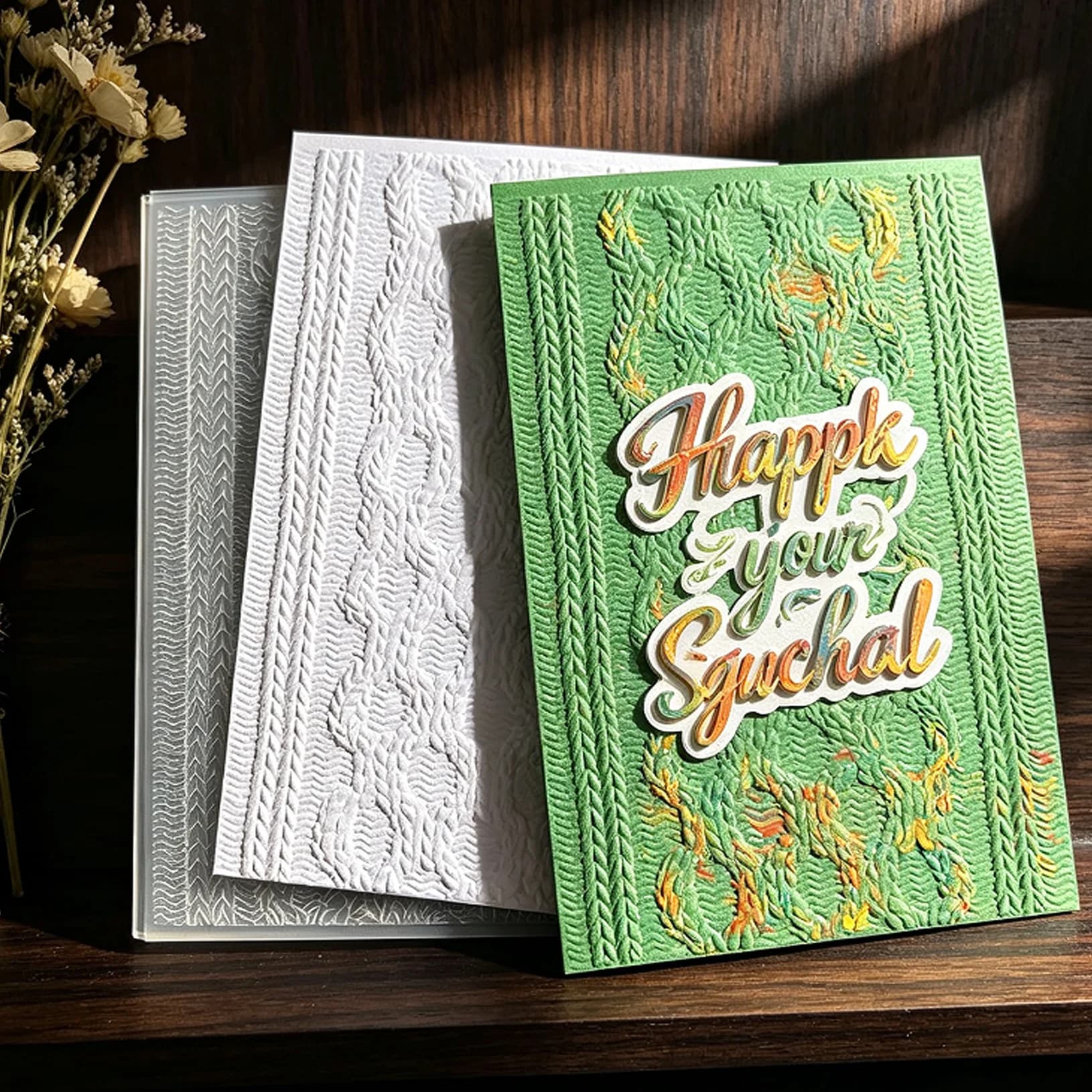 "Ma Hua" must be translated as Fried Dough Twists Knitted Ma Hua Pattern Design Relief Embossing Plate Handmade DIY Card 3