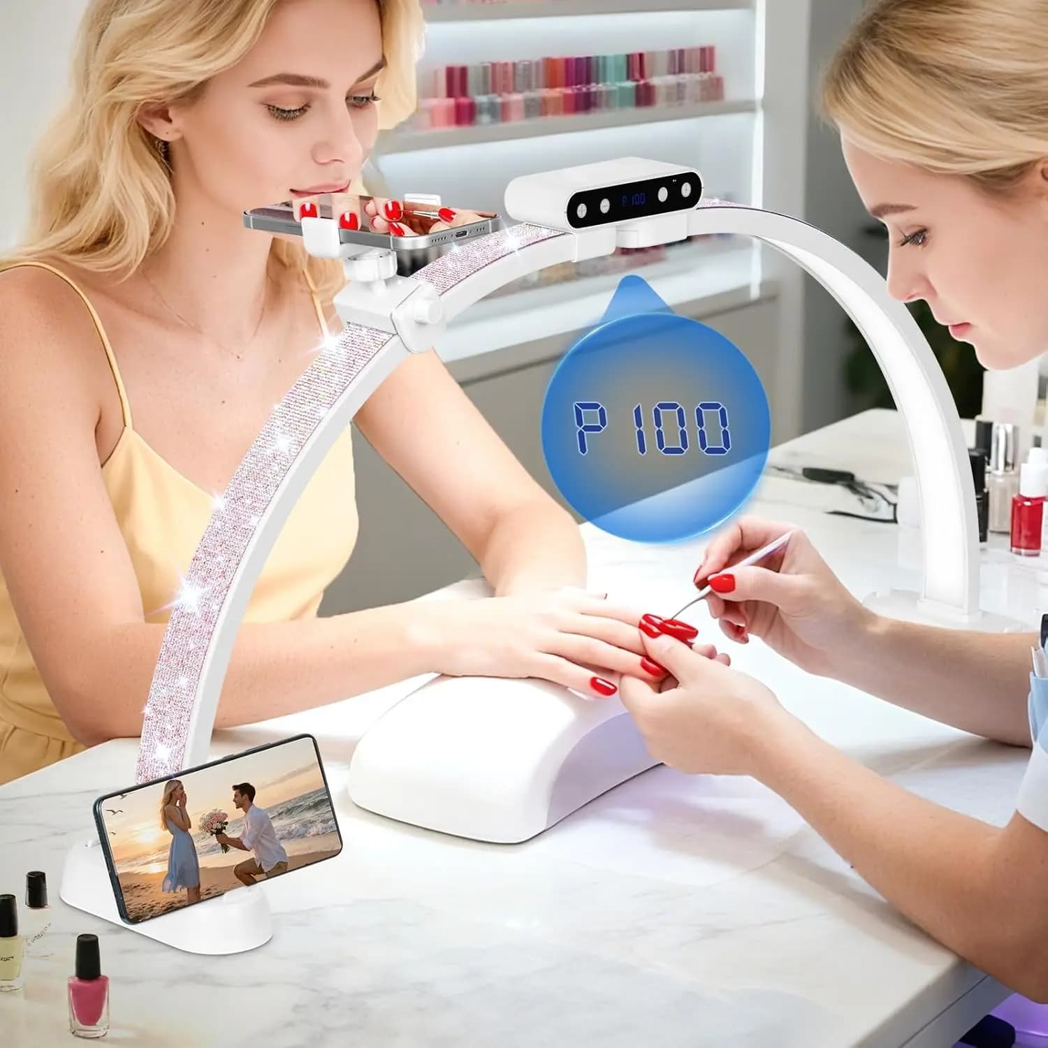 Lampada da Scrivania a Mezzaluna Regolabile da 29 Pollici con Supporto per Telefono, Luce LED Pieghevole per Manicure, Artigianato e Trucco