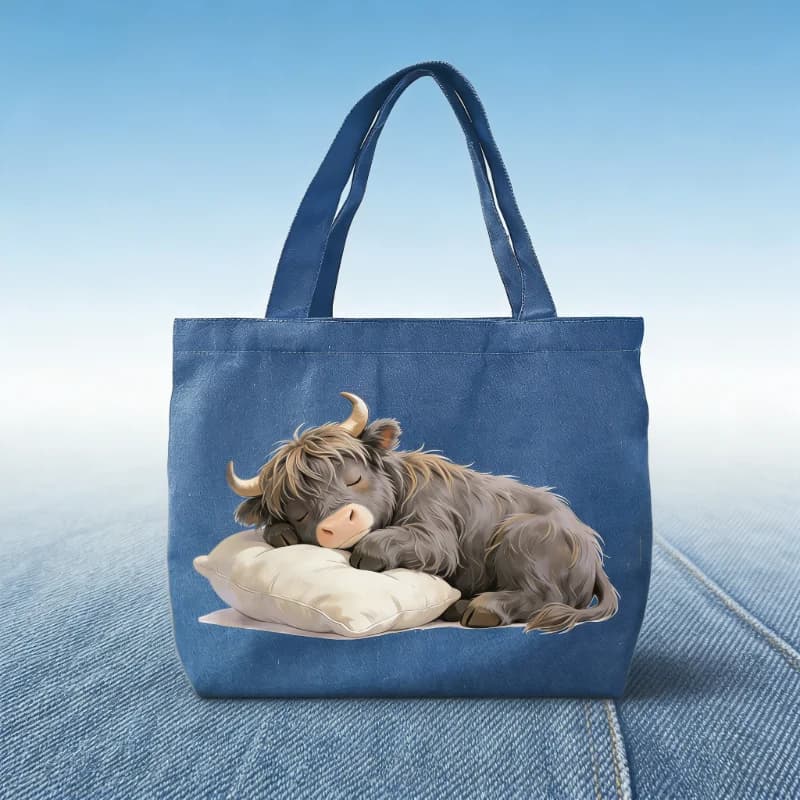 1 printed denim canvas bag with sleeping Highland cow: folding eco bag, blue tote bag