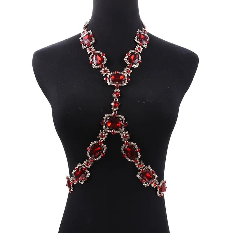 Accessorio per gioielli bodychain sexy di lusso Accessorio per reggiseno con strass in cristallo rosso rubino Collana con corsetto Catena per il corpo in vita per donna Uomo