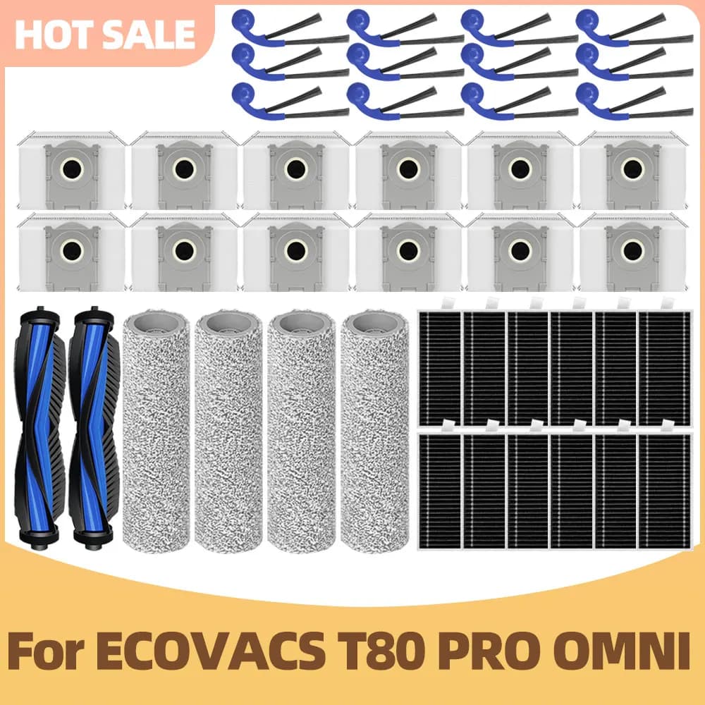 Compatibile con ECOVACS T80 PRO OMNI / T80 OMNI, parti di ricambio per aspirapolvere: spazzola principale, panno mop, spazzola laterale, sacchetto per la polvere, filtro HEPA, accessori