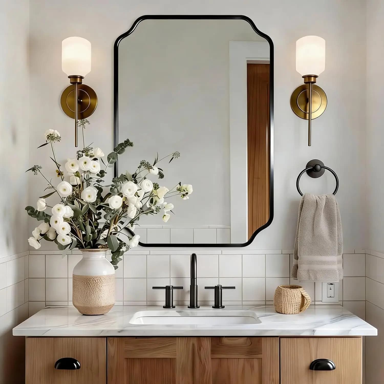 Specchio da parete decorativo nero con bordo smerlato 36x24 pollici, da appendere verticalmente o orizzontalmente, per bagno, camera da letto, ingresso