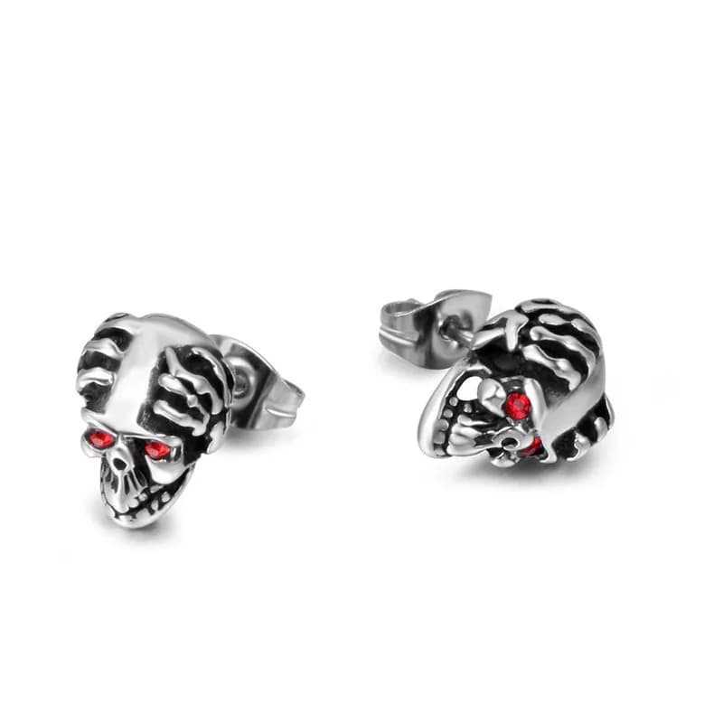 Accessori, Orecchini con teschio occhio rosso in acciaio al titanio, Orecchini in acciaio inossidabile, Testa di fantasma da uomo squisita CF106
