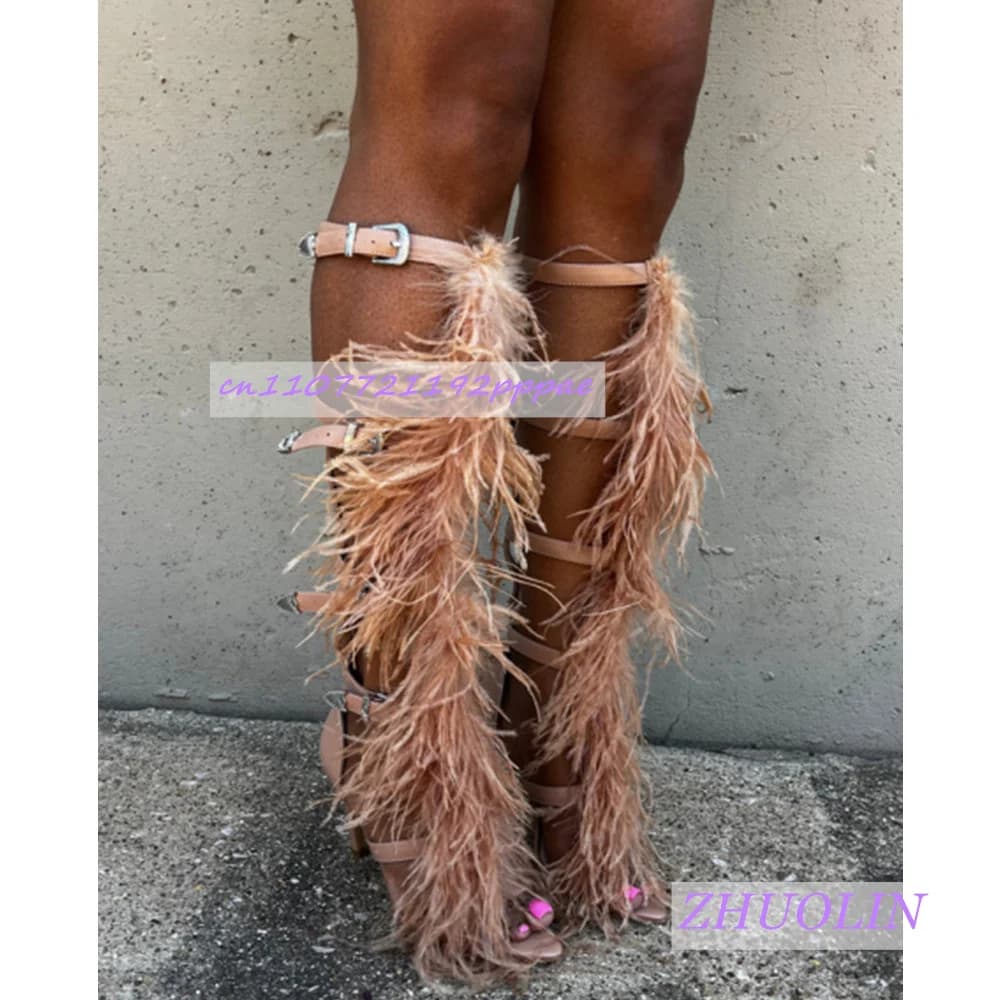 Summer Fluffy Fur Gladiator Sandals Women'S Open-Toe Multi-Strap Buckle Knee-High Boots Trendy Sexy Party Back Zip High Heels 46