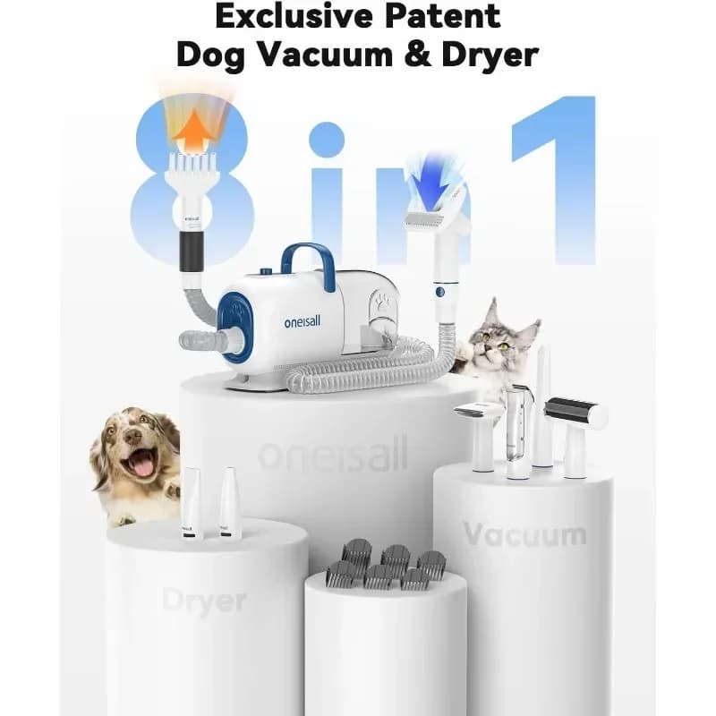 tt Per oneisall Aspirapolvere e asciugatrice per cani per la spargimento, kit per la cura dei cani 8 in 1 con lame in metallo Tagliaunghie per animali domestici,