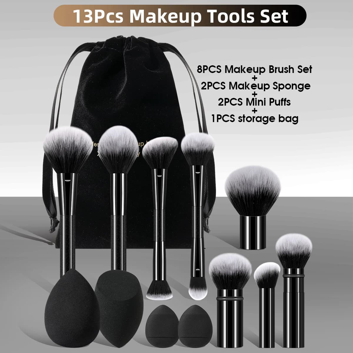 13 piece makeup tool set: 8 makeup brush set + 4 sponges for makeup + 1 flannel bag