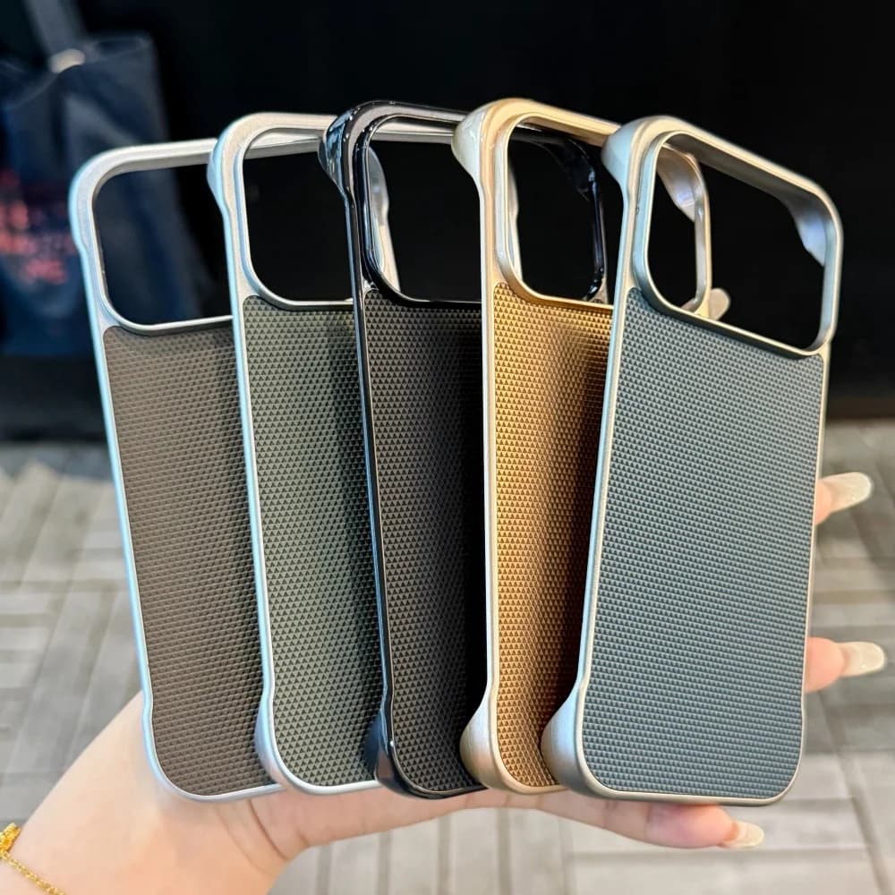 Frameless Cooling Technology Woven Texture Phone Case For iPhone 17 16 15 14 12 Pro Max Business Shockproof Hard PC Back Cover