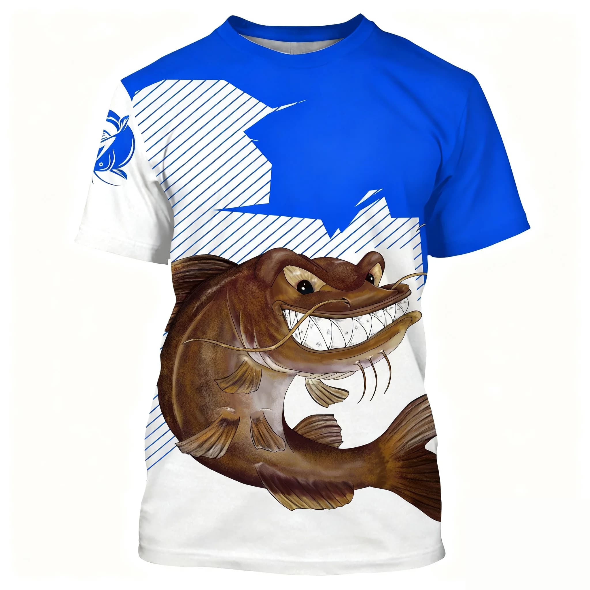 Large short sleeve fishing shirt with cartoon catfish print, quick and breathable drying, convenient fishing sports clothing