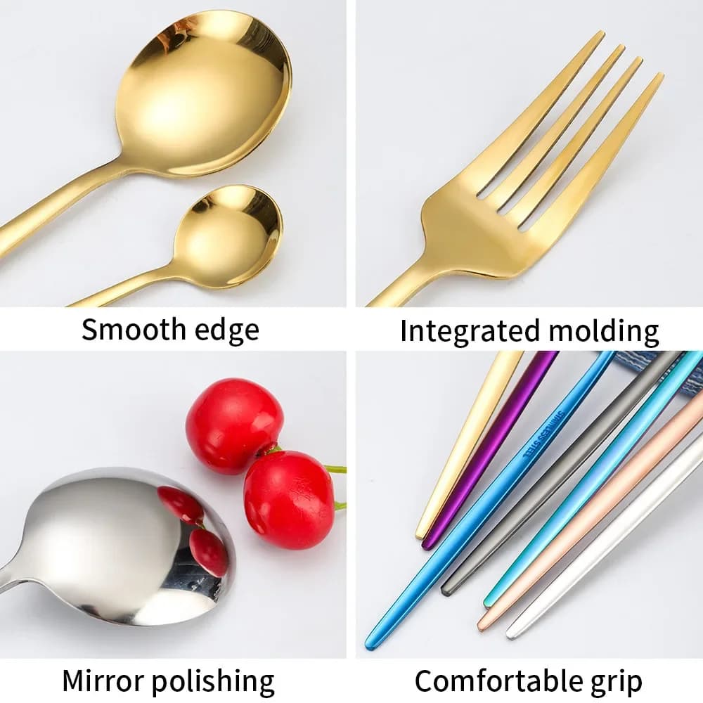 24pcs Stainless Steel Steak Knife Fork Spoon Set Gold Silver Black Color for Kitchen Wedding Party Gift 6-Person Tableware