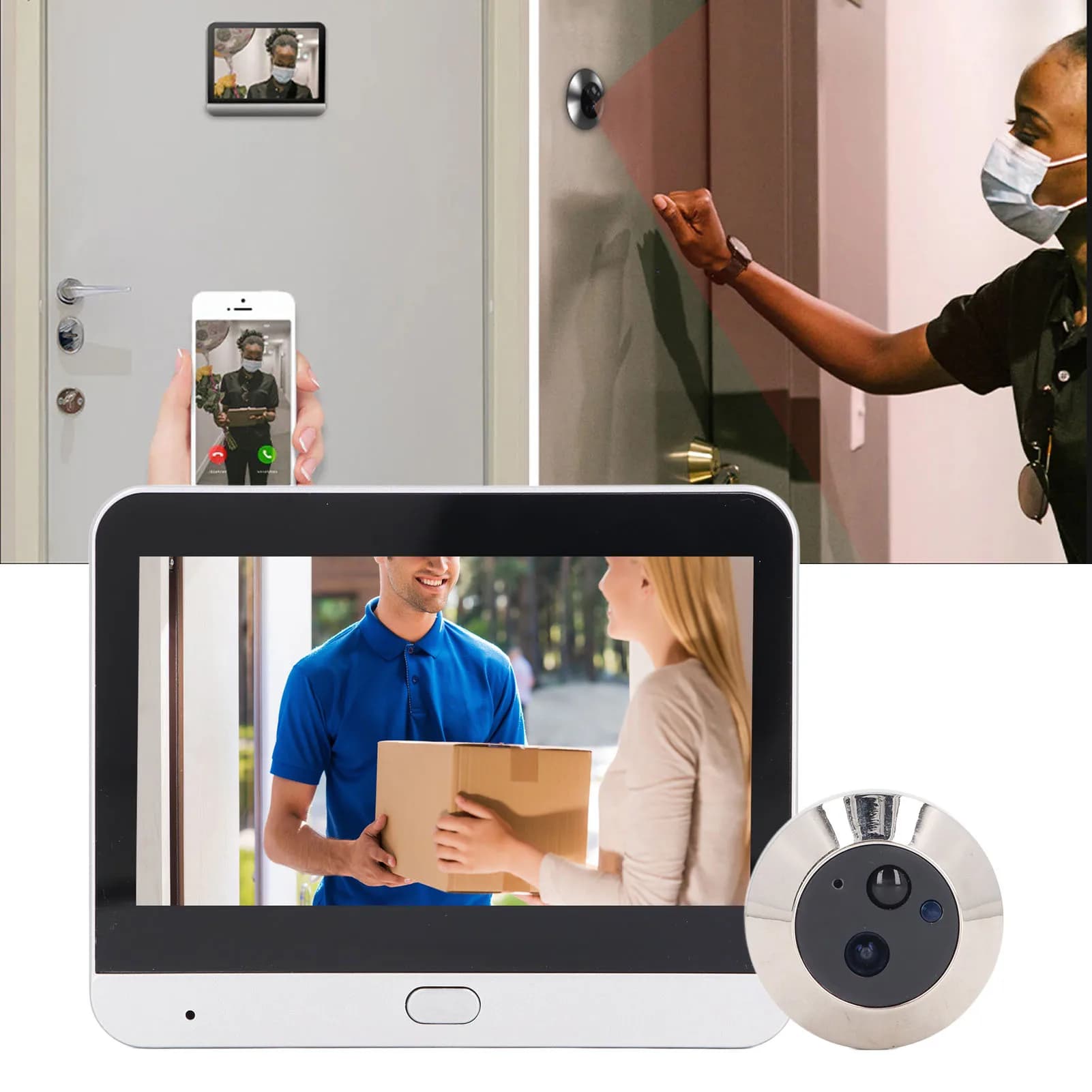 Video Doorbell 4.3in Color Screen 1080P 2 Way Intercom Rechargeable Smart Video Doorbell WiFi PIR Motion Detection for Villas