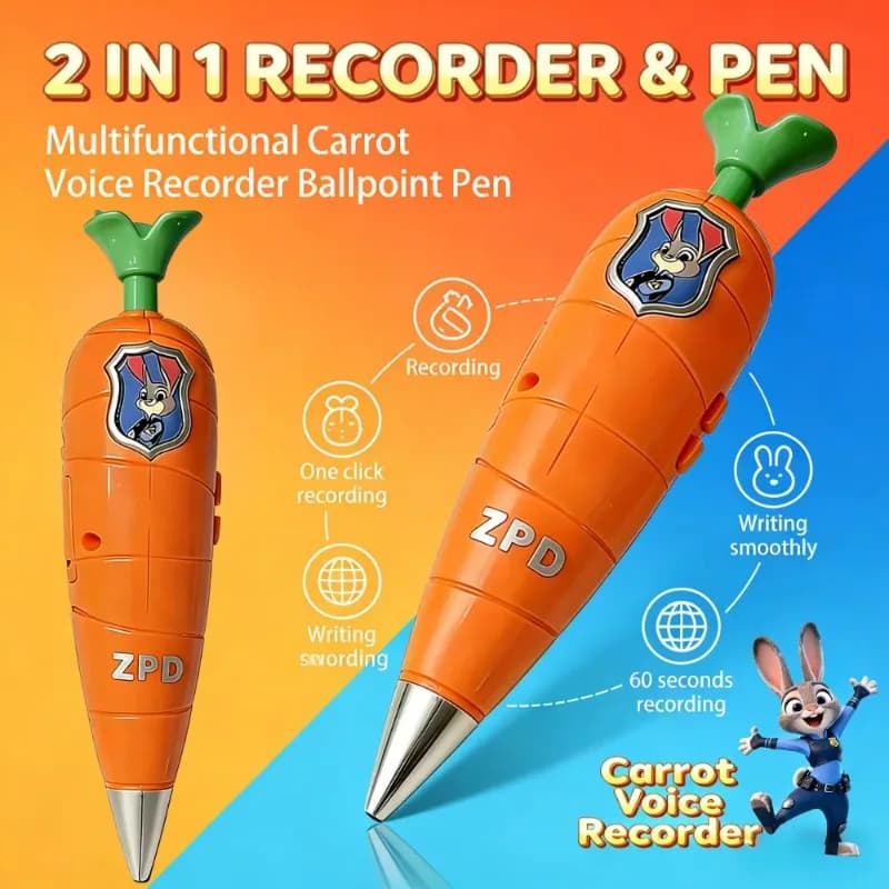 Penna Registratore a Forma di Carota di Zootopia 2 | Stile Judy & Nick per bambini | Registratore Mini Anni '60 | Penna Gel 2-in-1 per Cancelleria