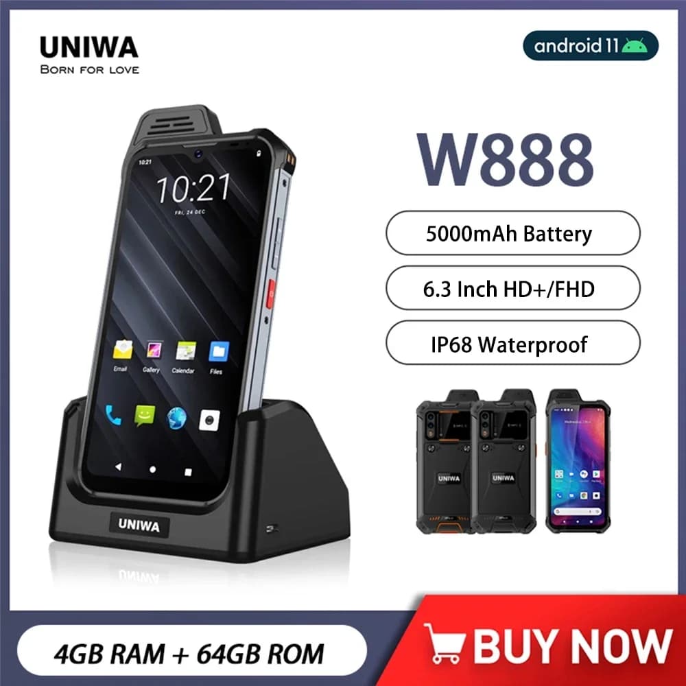 UNIWA W888 IP68 Impermeabile 4G Smartphone Walkie Talkie 6.3 Pollici FHD/HD 4GB + 64GB Telefoni Cellulari 5000mAh Andriod 11 NFC ATEX telefono