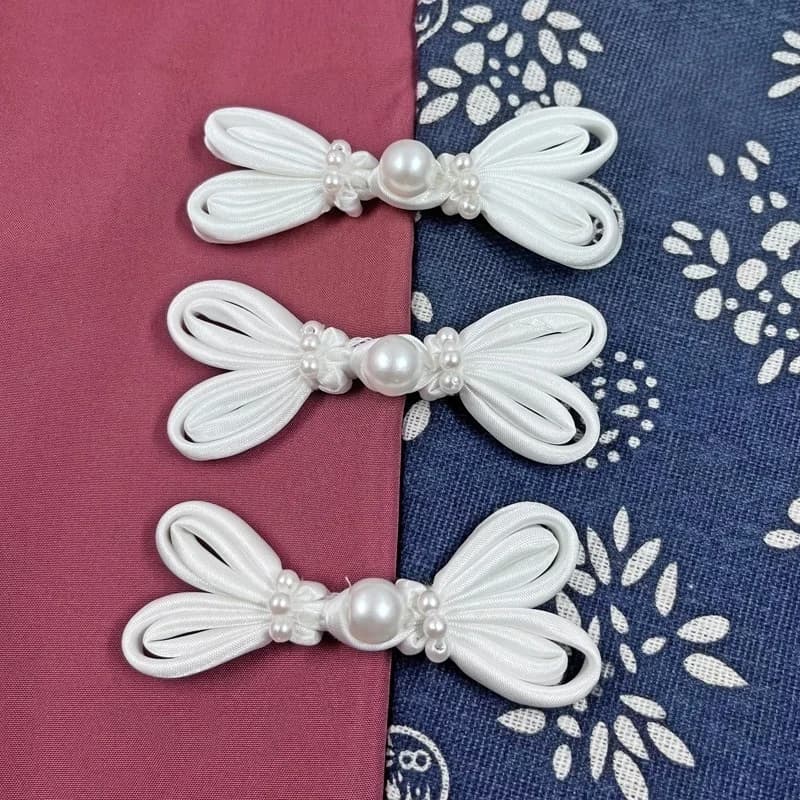 10 paia di bottoni a nodo cinese con perle bianche per decorazioni di abiti, Cheongsam, borse, cappelli, fai da te e cucito