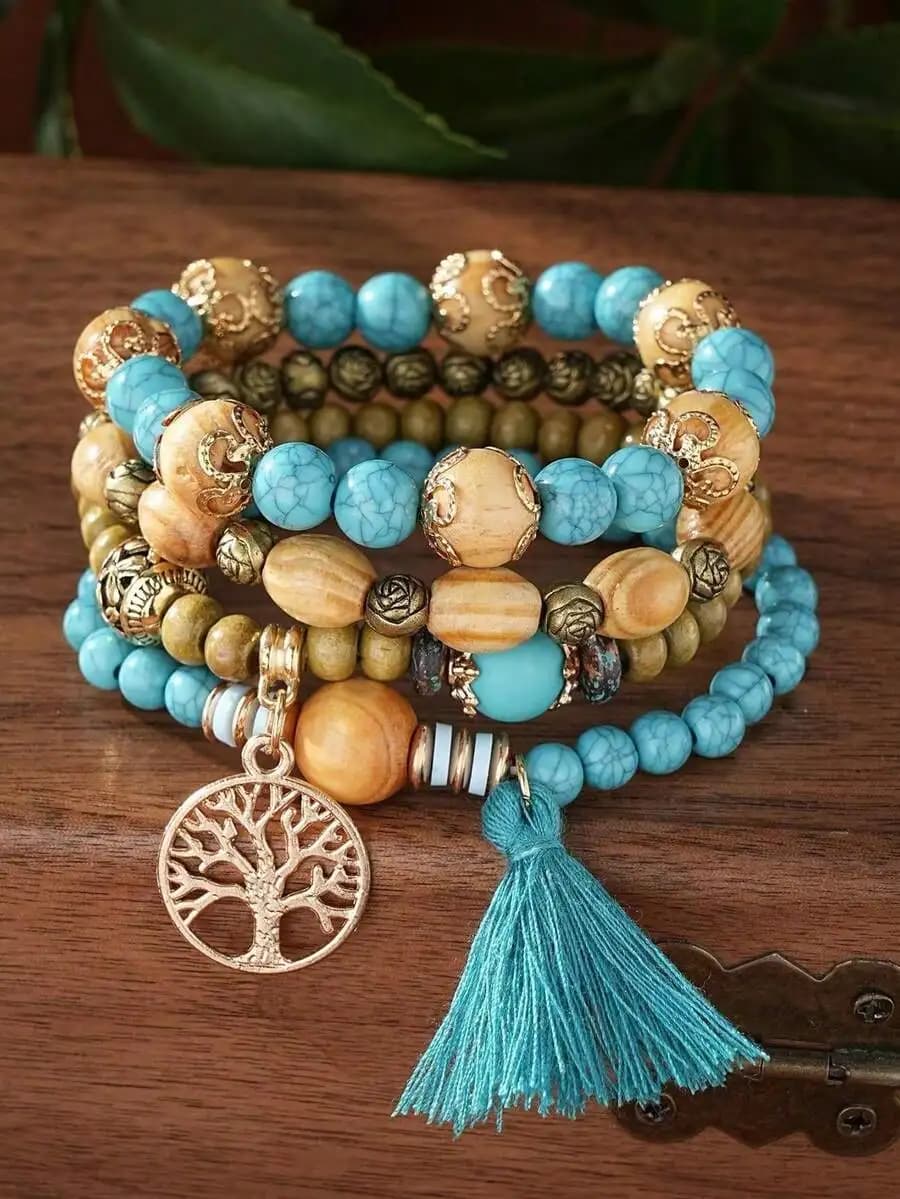 4 braccialetti avvolgenti in stile boho con perline in legno, nappa e ciondolo Albero della Vita