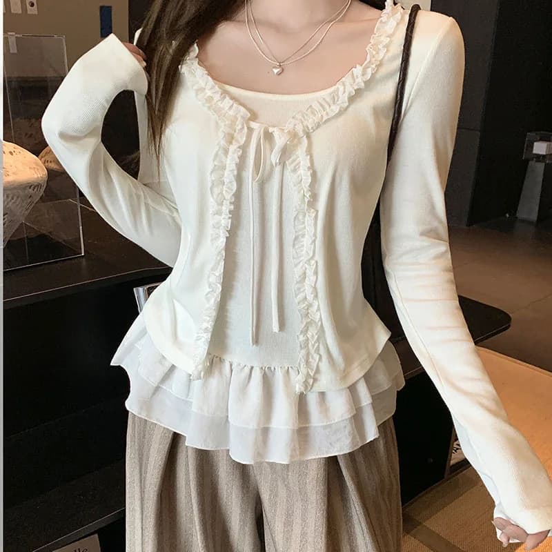Women's long sleeve t-shirt, fake two pieces, with lace and skirt edge inserts, slim design, plain color, simple, casual, versatile, for everyday