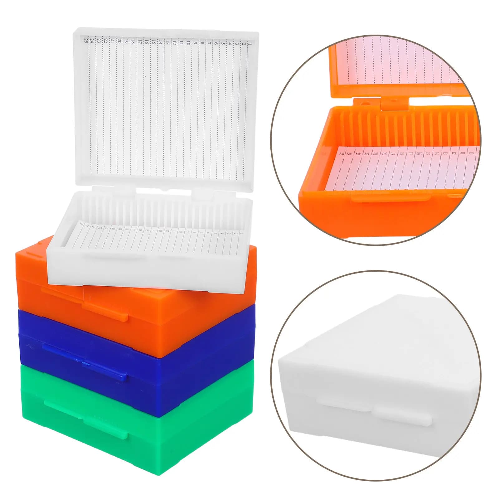 Scatola portaoggetti per microscopio da 4 pezzi con 25 scomparti, custodia compatta in plastica per campioni di laboratorio, accesso rapido, organizzazione dei campioni