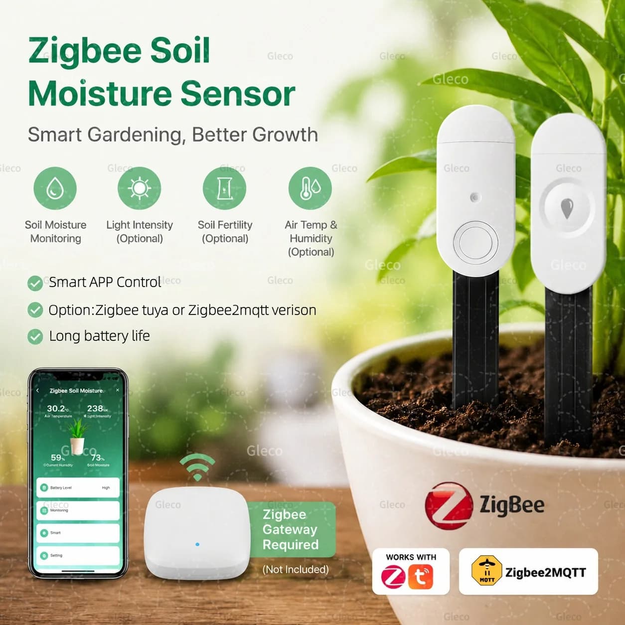 Misuratore di Umidità del Suolo Zigbee, Igrometro Intelligente Tuya Smart Life, Sensore di Temperatura e Fertilità del Terreno per Automazione e Irrigazione Z2M