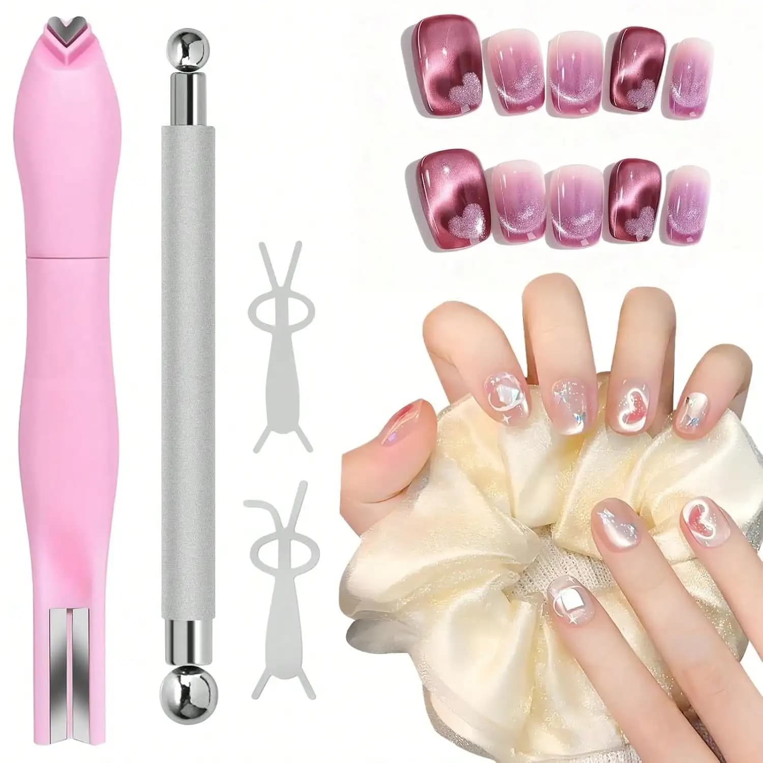 Set di 4 Magneti per Unghie Effetto Occhio di Gatto, Penna a Doppia Punta con Guida a Coniglio, Strumento per Nail Art 3D in Gel, per Uso Domestico e Professionale
