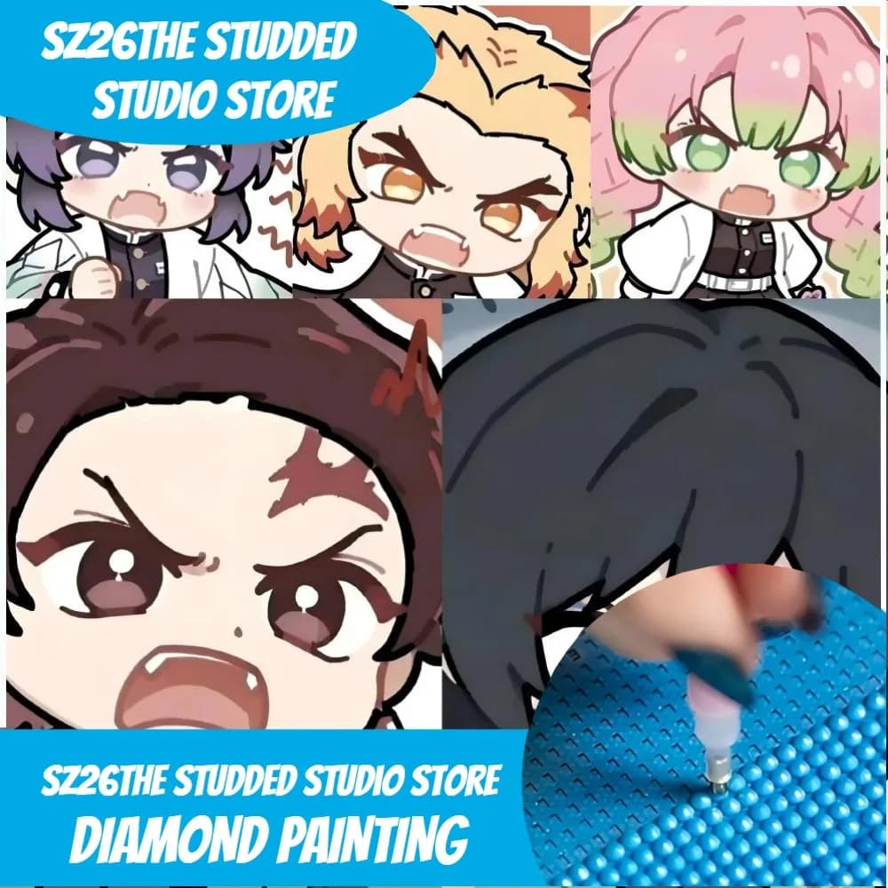 Sz26 The Studded DIY Anime Demon Slayer Chibi Hashibira Inosuke Tokito Muichiro Kanroji Mitsuri Shinobu Kocho 5D Diamond Painting