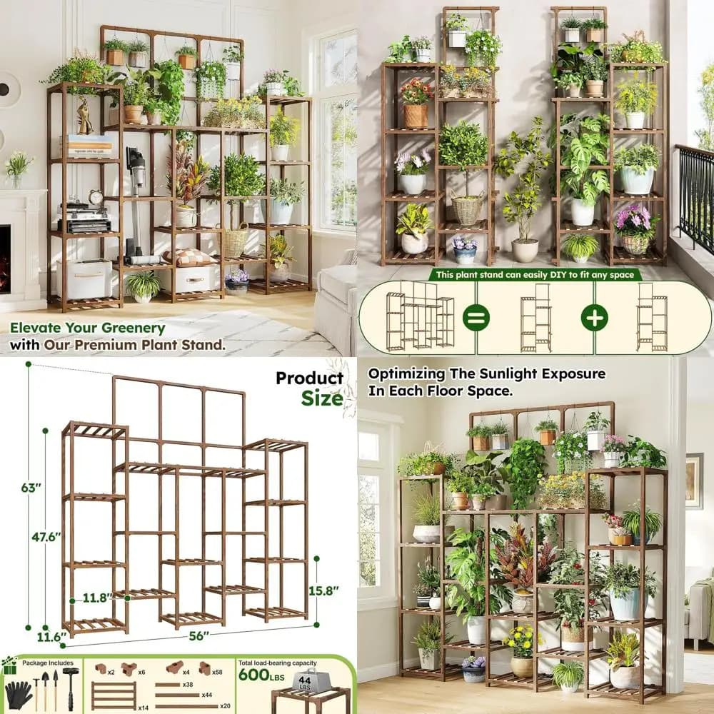 Support for plants High 160 cm, for Interior and Exterior, with 7 shelves and 14 jars, Wood shelf Improved for plants or stay