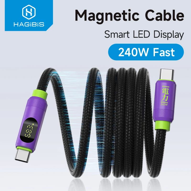 Hagibis Cavo magnetico da USB C a USB C con display a LED Cavo di ricarica USB C Tipo-c PD 240W Cavo di ricarica rapido per iPhone 16/17
