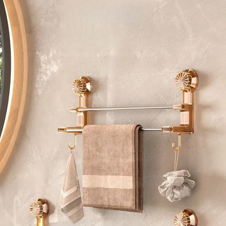 Asciugamano a ventosa rotondo a doppia asta Ra Batoom Asta per appendere con ganci Asciugamano asciutto e bagnato Doppio scopo Elfo di stoccaggio Materiale metallico