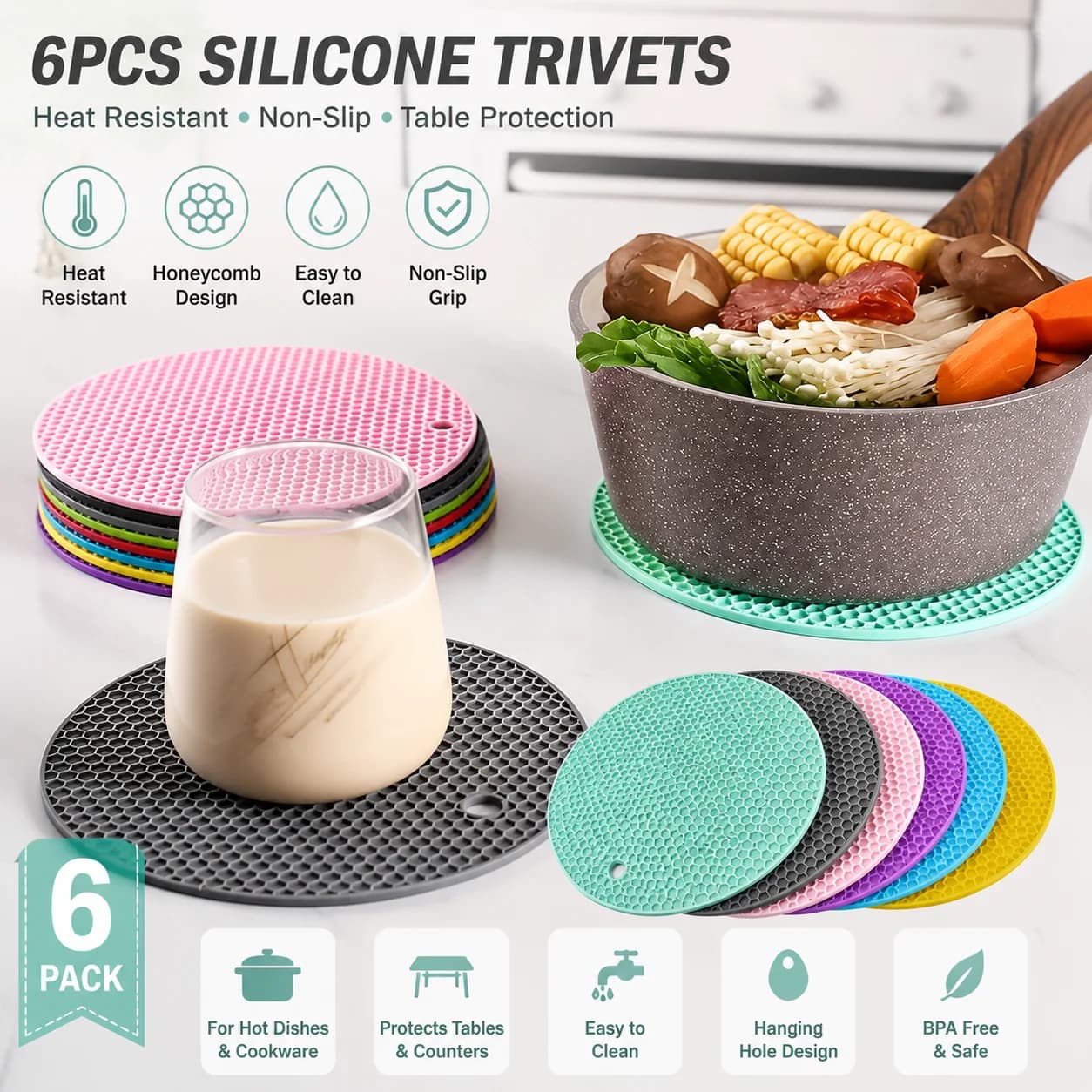 4/6 Pack Multifunctional Round Heat-resistant Non-slip Table Mats, Lightweight Portable Insulation Pads, Practical Accessories for Home Dining, Outdoor Gatherings and Picnics