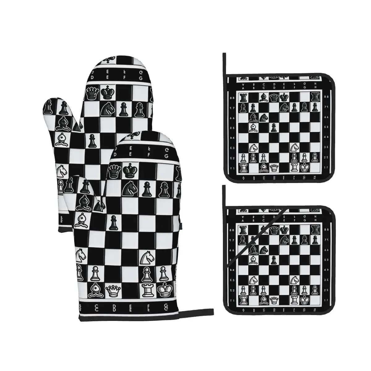 Chess Pieces On Board Oven Mitts and Pot Holder Sets of 4 for Baking Kitchen Cooking Grilling Resistant Non-Slip Gloves