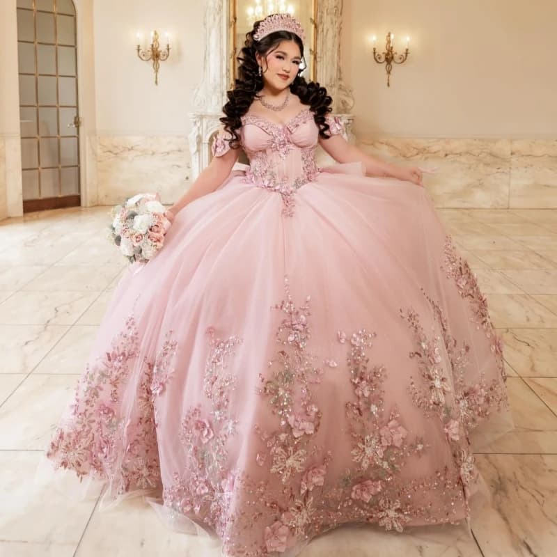 Rosa lucido principessa cinturino per spaghetti dolce 16 abito abiti quinceanera paillettes applique perline di fiori tull festa di compleanno abiti