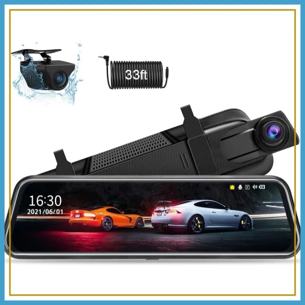 Specchietto Retrovisore con Schermo Touch da 10'' e Dash Cam Anteriore e Posteriore 1080P, Visione Notturna, Angolo Ampio, Registrazione in Loop, Sensore G