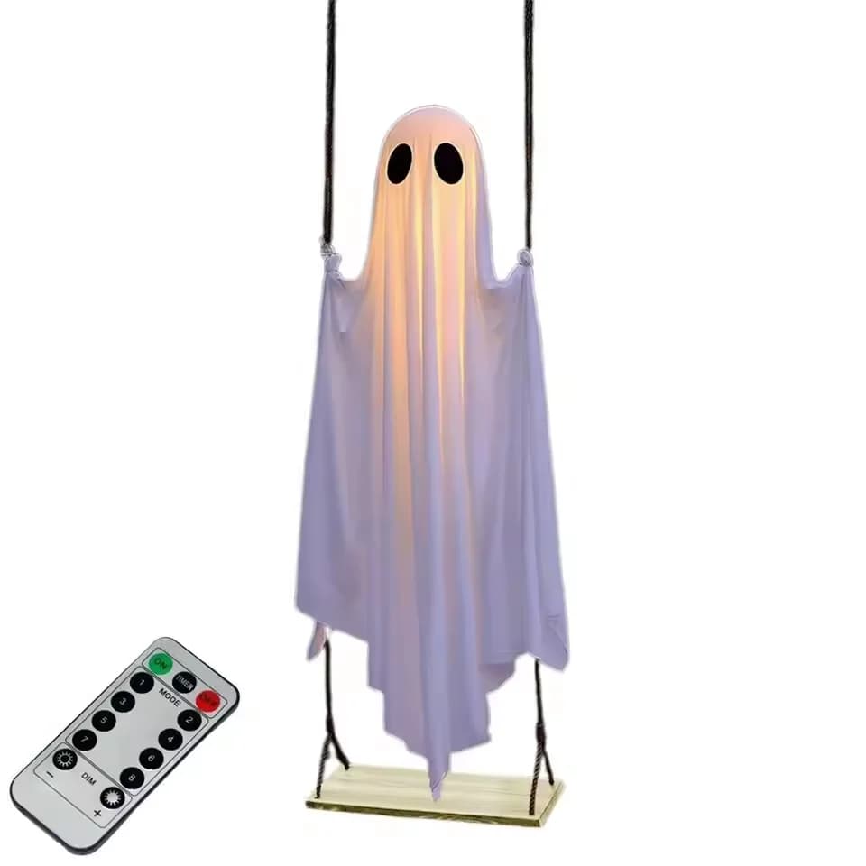 Fantasma altalena sospeso grande da 6 piedi Decorazione di Halloween Fantasma bianco carino con luce a corda Ornamento fantasma spettrale per alberi da portico