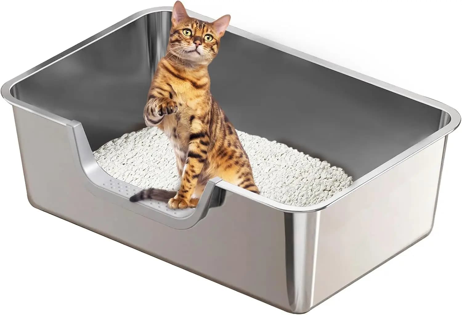 Lettiera per Gatti in Acciaio Inossidabile con Basso Ingresso, Bordi Alti Anti-Perdita, Base Antiscivolo per Gattini e Gatti Anziani