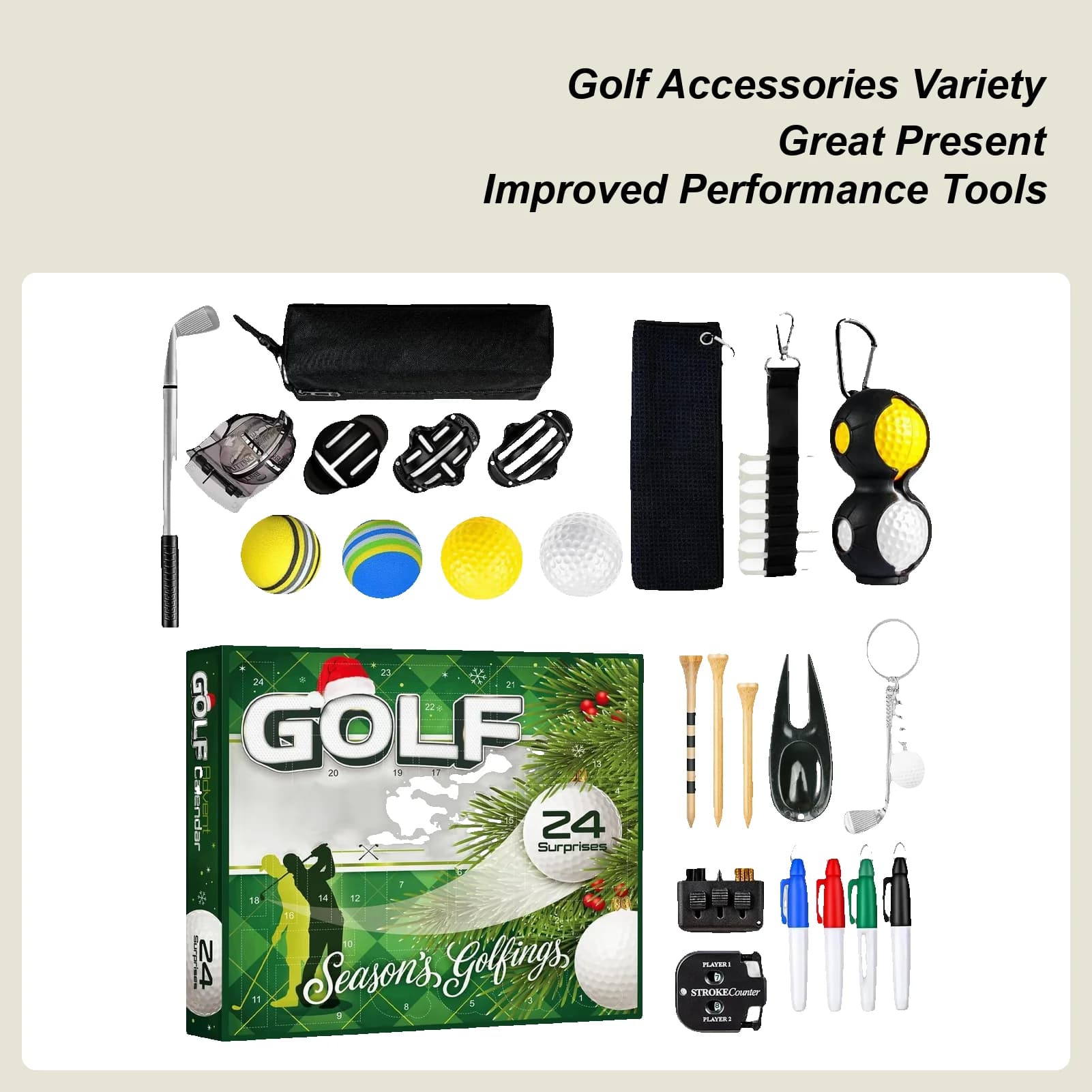 2025 Natale Golf Avvento 24 giorni Palla Accessori sportivi Strumenti per l'allenamento del golf Calendario per il conto alla rovescia per i giocatori degli appassionati