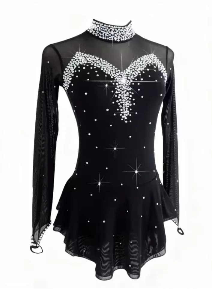 Elegante Abito Nero per Pattinaggio Artistico con Strass Scintillanti, Maniche Lunghe in Rete, Collo Alto, per Esibizioni Professionali sul Ghiaccio