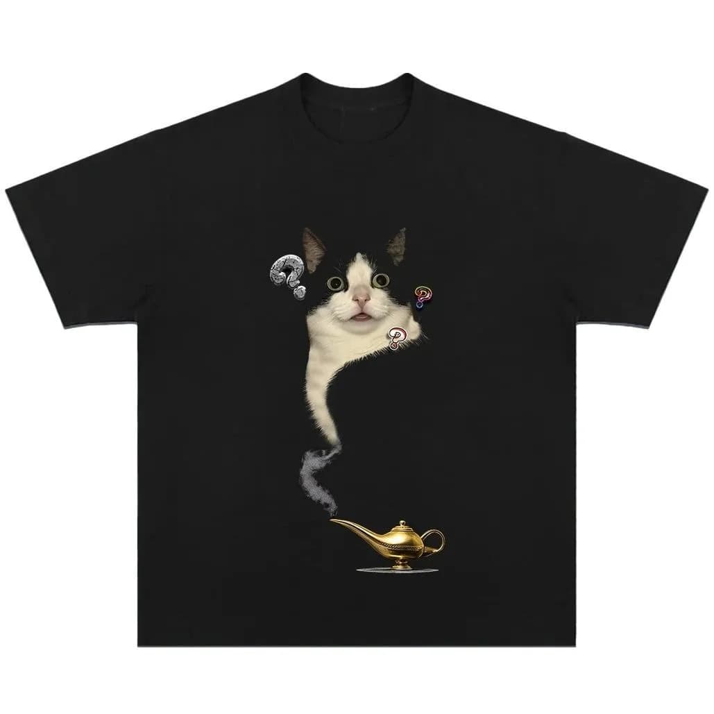 Nuova divertente lampada magica per gatti europea e americana stampata allentata casual slim coppia t-shirt moda cotone manica corta di grandi dimensioni