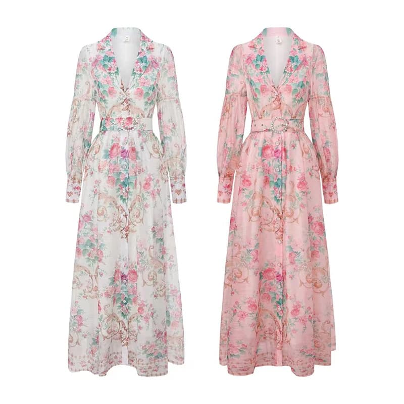Elegant Floral Shirt Dress Long Midi Skirt Spring Summer New Arrival Vintage Style Ageless Quality Polyester Fiber Printed Dress
