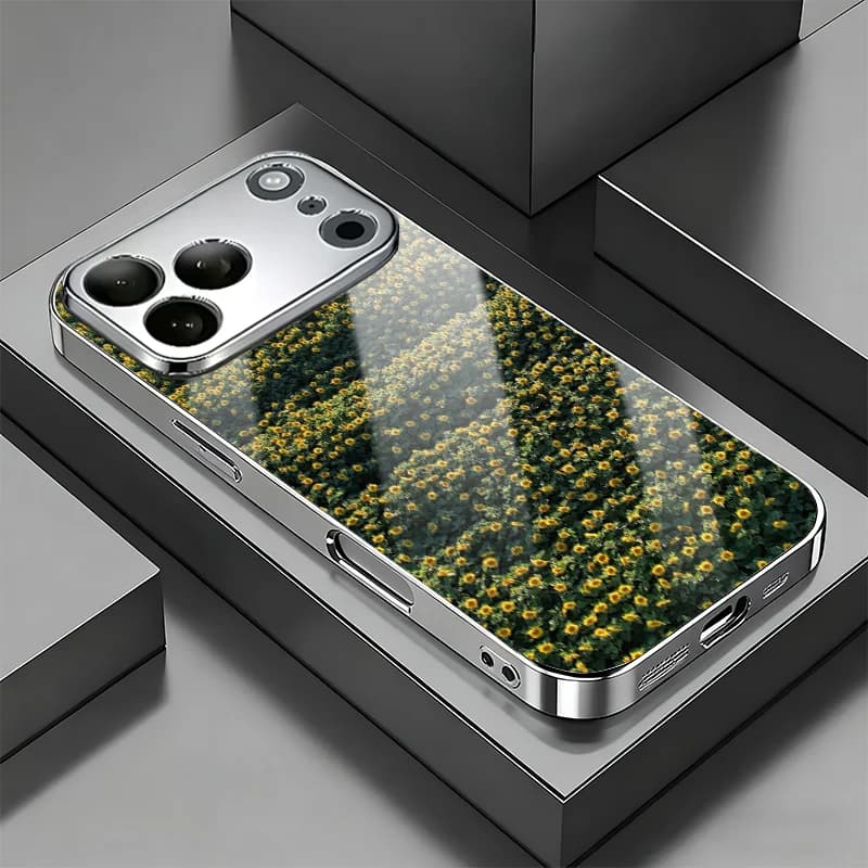 Field Of Sunflowers Electroplated Glass Lens Protective Shockproof Case For iPhone 13 14 15 16 17 Pro ProMax