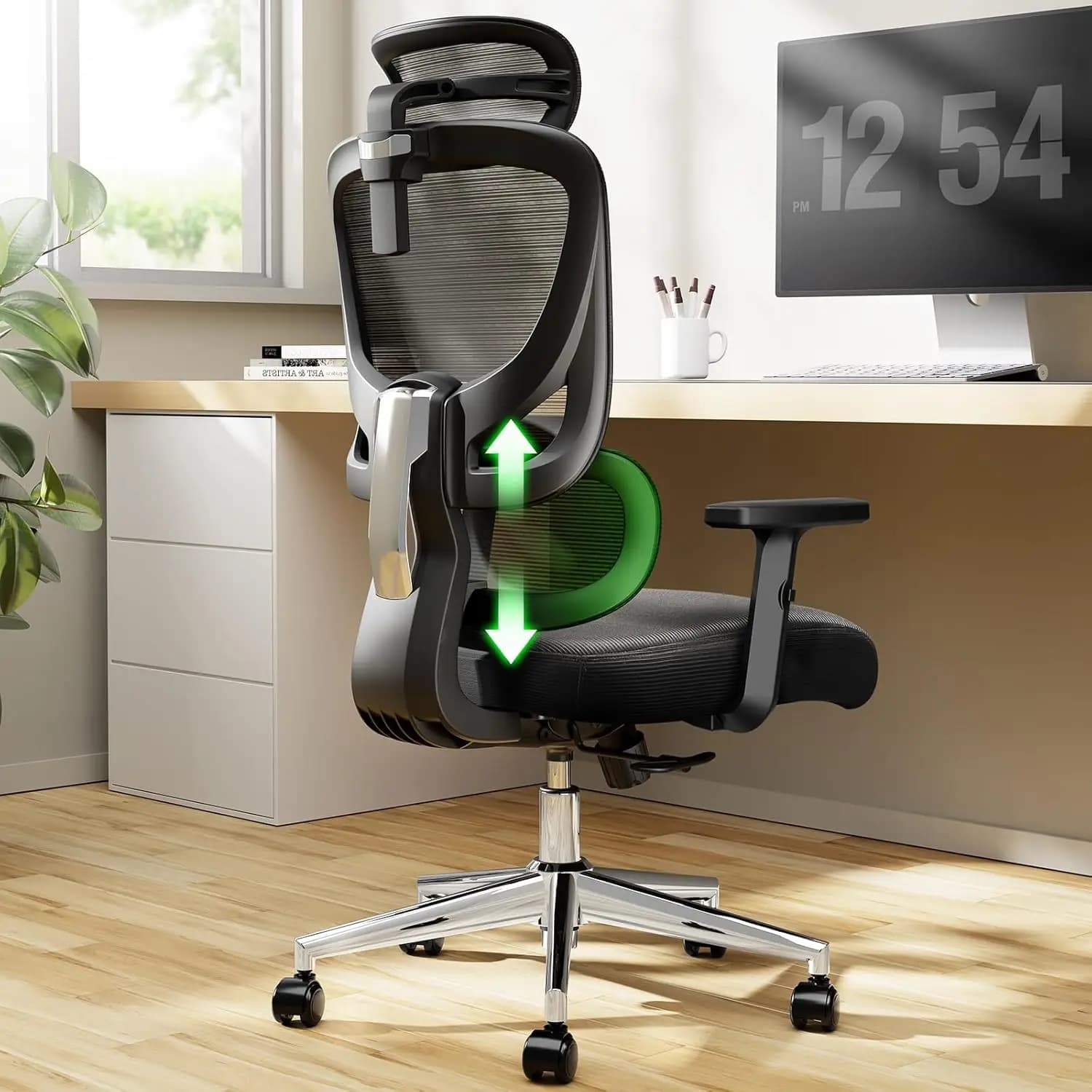 Sedia da ufficio ergonomica, sedia da gioco con supporto lombare regolabile, sedile in rete traspirante, braccioli regolabili in altezza, 90