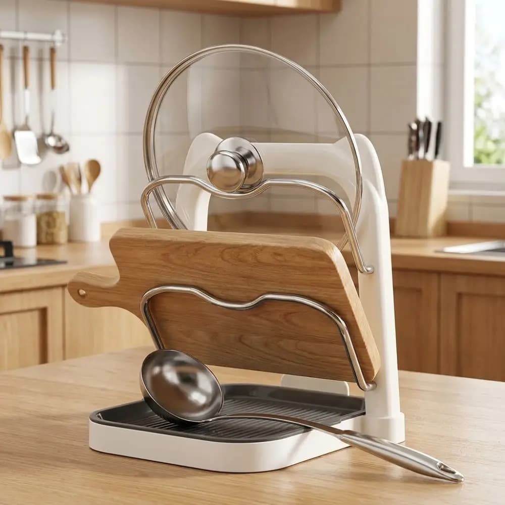 Double Layer Pot Lid Storage Rack Anti-Slip Drainage Tray Cutting Board Holder No Drill Stable Spoon Rest Household