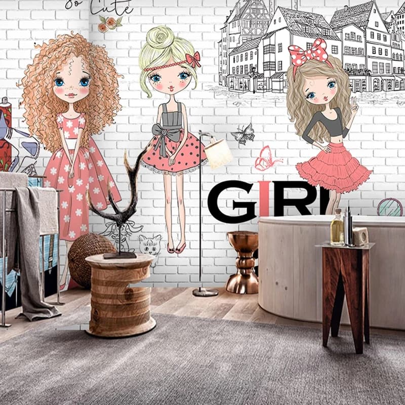 Custom 3D Wallpaper Hand Painted Fashion Girl White Brick Wall City Building Photos Background Wall Painting 3D Wallpaper