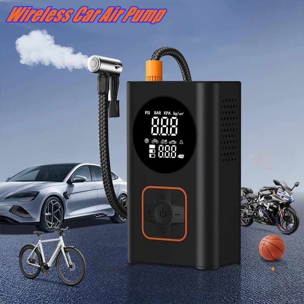 Compressore d'Aria Elettrico Portatile per Auto, Ricaricabile con Display Digitale, Pompa per Pneumatici di Auto, Bici, Moto con Luce LED