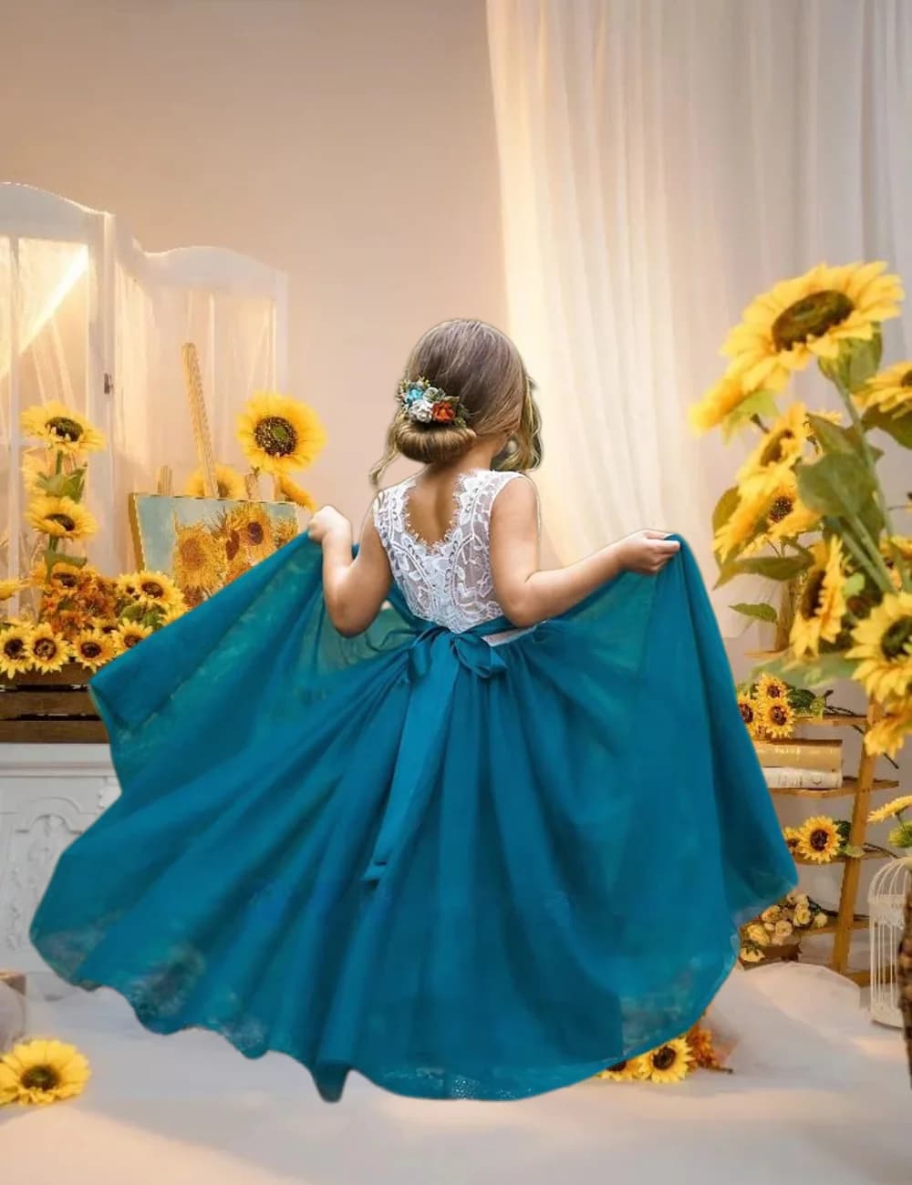 Elegante verde con tulle bianco soffice abito da ragazza di fiori cintura applique in pizzo manica lunga abiti da sera da ballo per feste di compleanno per bambini