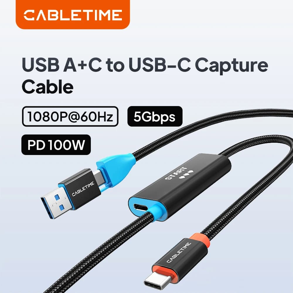 Scheda di Acquisizione Video USB C CABLETIME 100W PD 2-in-1 USB A/USB C 1080P@60Hz 5Gbps per Tablet Laptop Nintendo Switch 2