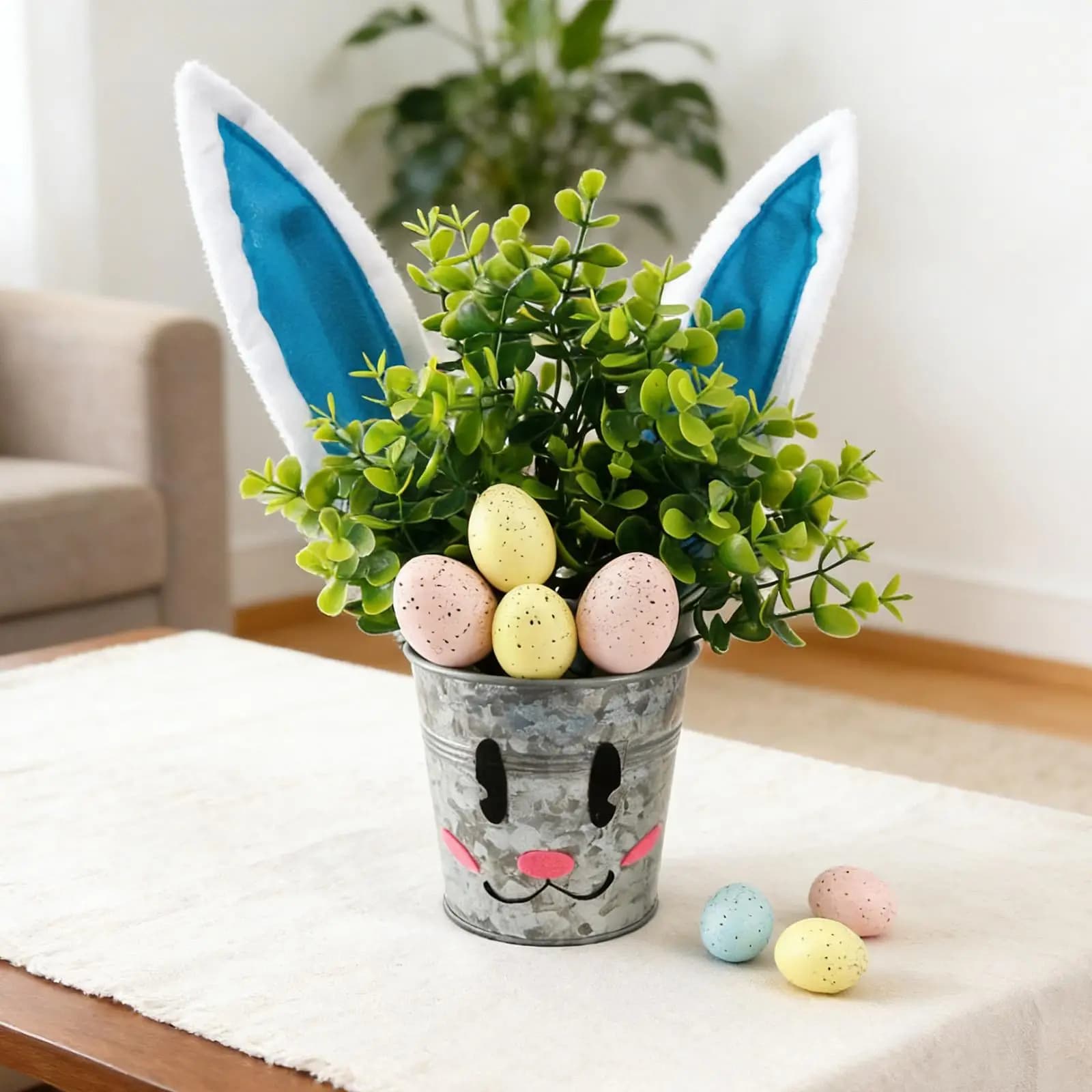Centerpiece of artificial plants in Easter pot, fake green leaves for interior and exterior, decorative rabbit ears for window sill festival