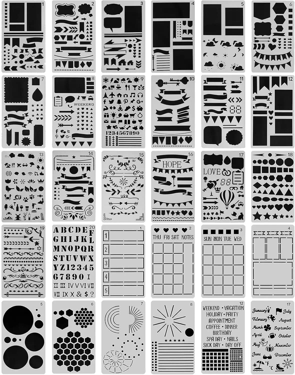 30 PCS Journal Stencils, Planner Stencils for Junk Journal Notebook Diary Scrapbook DIY Drawing Template Journal Stencil 4x7inch
