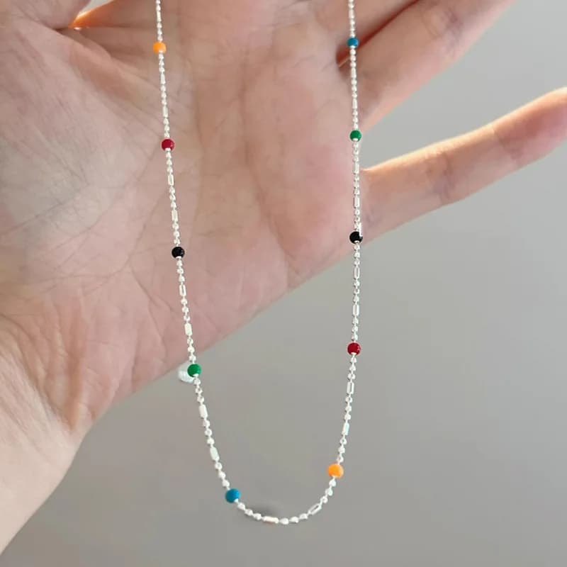Sterling 925 Sterling Silver Necklace with Multicolor Geometric Beads, Delicate and Brilliant Crew for Women