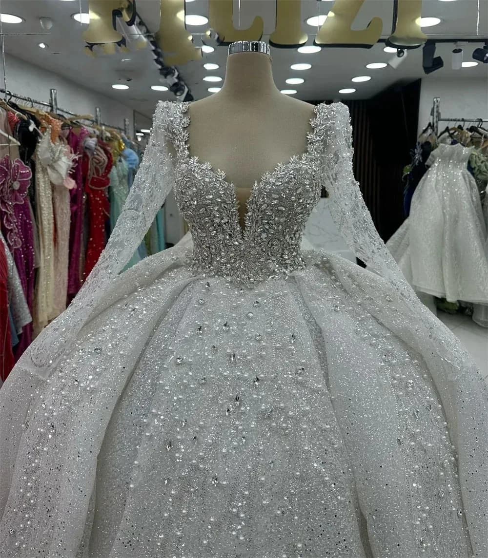 Abiti da Sposa Principessa Personalizzati 2026 Nuovi, con Scollo a Cuore e Maniche Lunghe, Vestito da Sposa di Lusso in Pizzo e Paillettes, Robe De Mariee